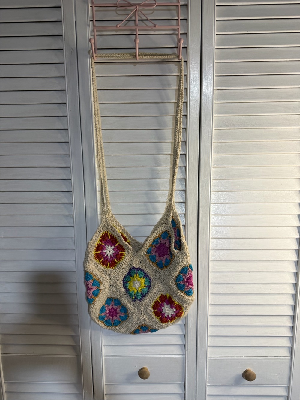 Handcrafted Crochet Shoulder Bag - Cream with Multicolor Floral Motifs
